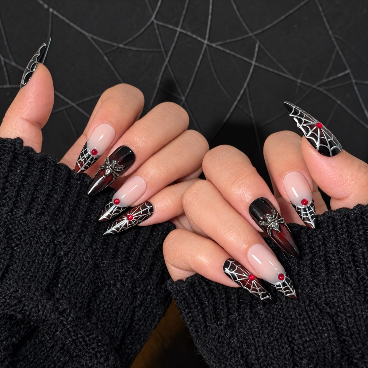 Black Widow Spiderweb French Tip Press-On Nails