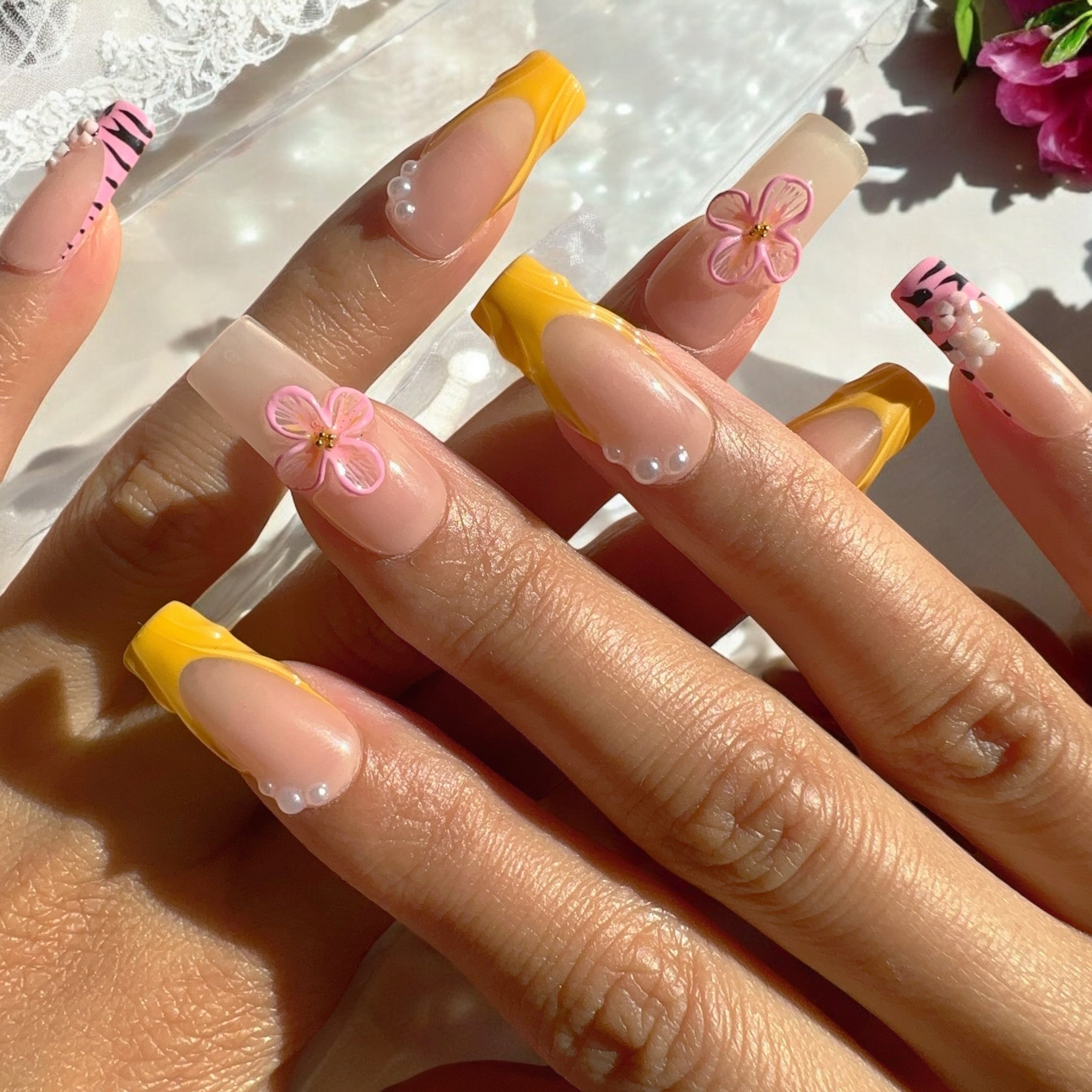 3D Flower yellow french tip