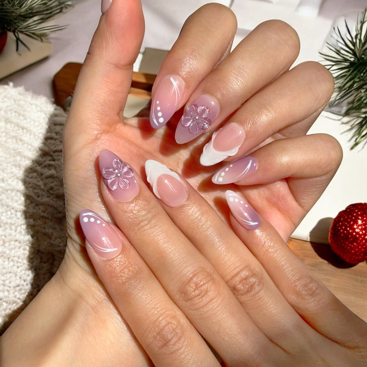 Purple Love Floral Almond Press-On Nails