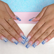Medium Blue Floral Square Press-On Nails