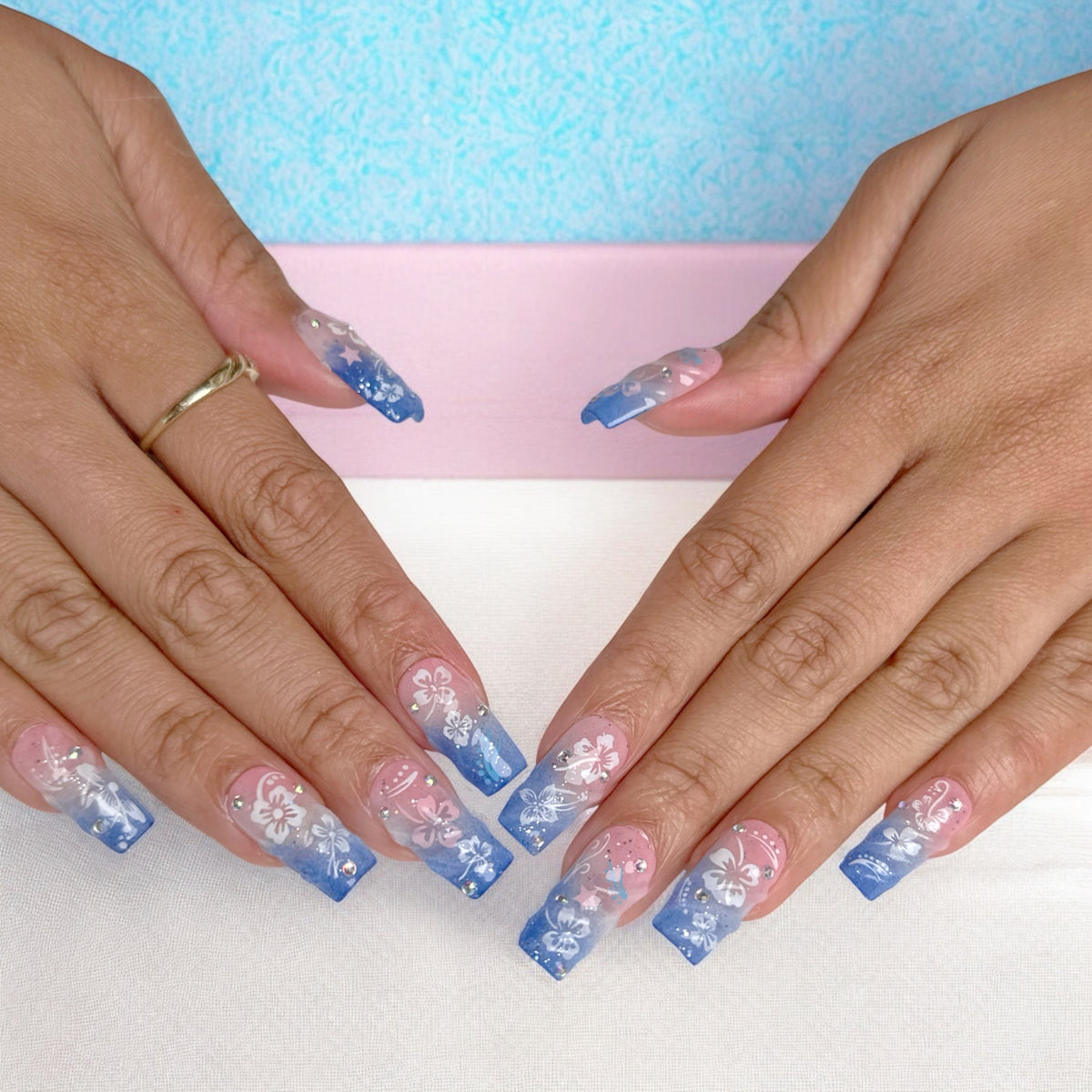 Medium Blue Floral Square Press-On Nails