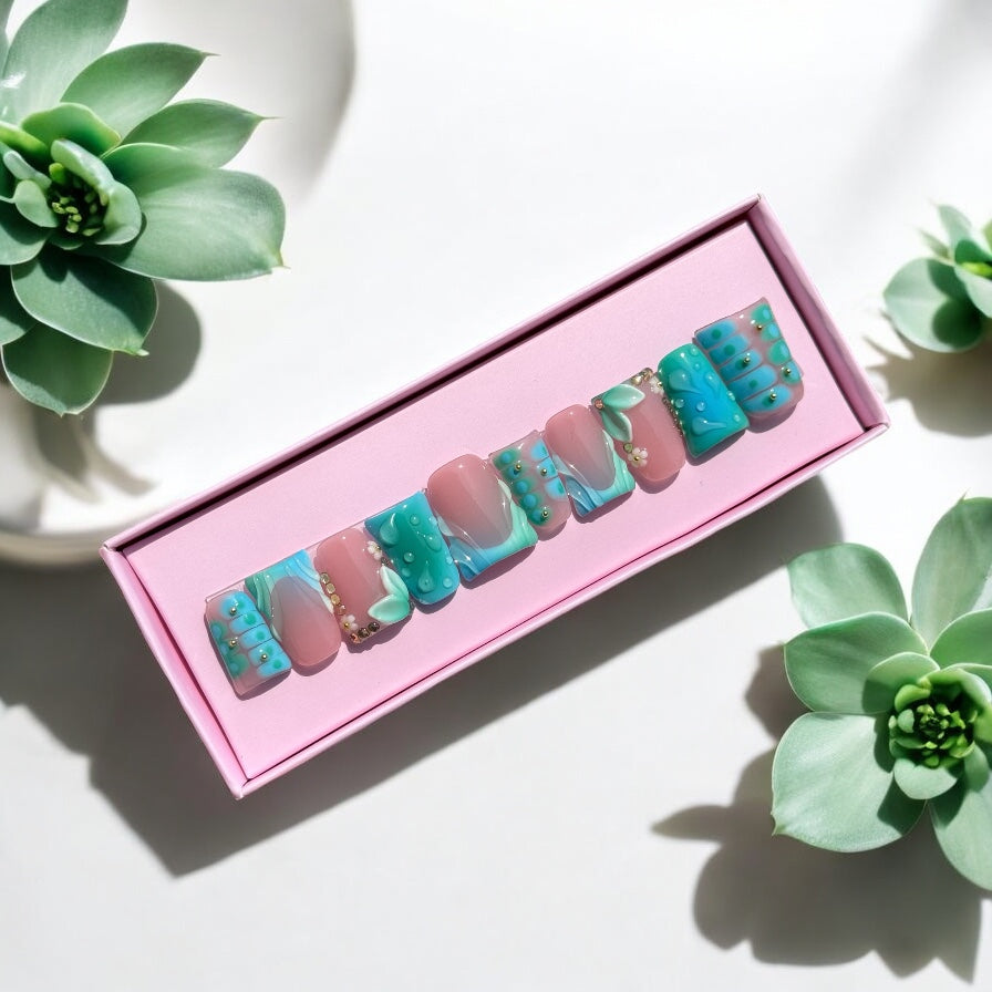 Green flower duck nails