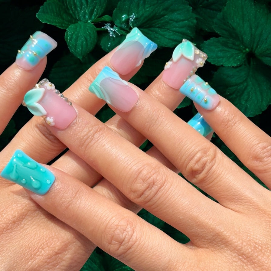 Green flower duck nails