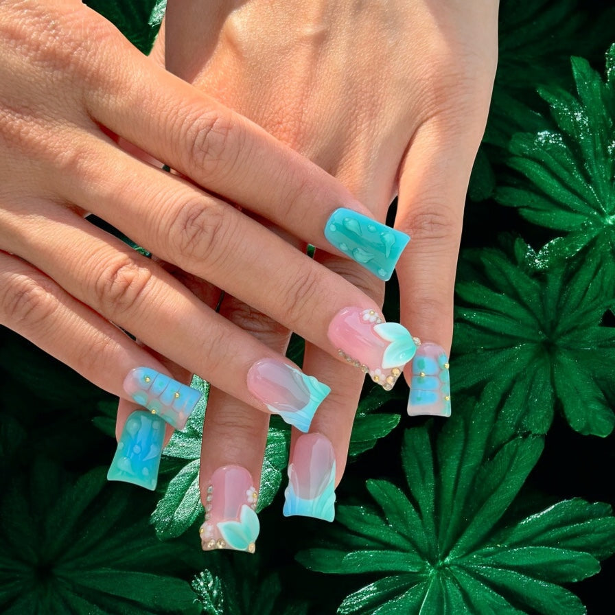Green flower duck nails
