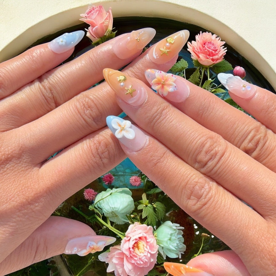 Summer Magic Garden Pastel Floral Almond Press-On Nails