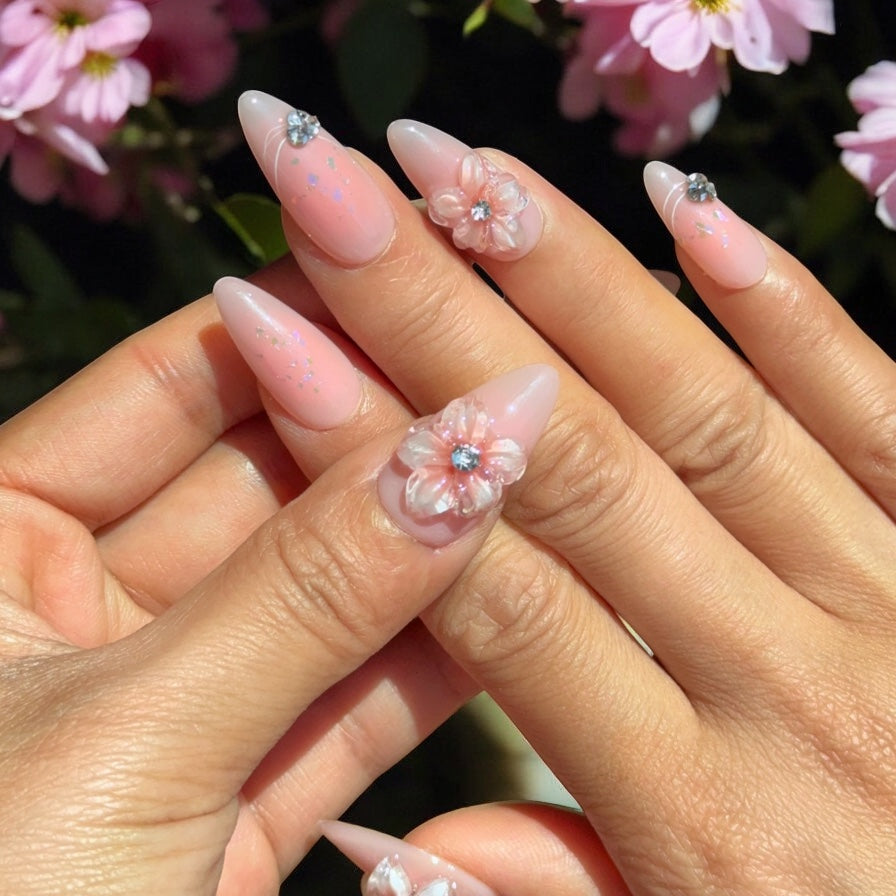 Dewdrop Dahlia Pink 3D Floral Almond Press-On Nails