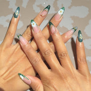 Celestial Moss Green Floral Almond Press-On Nails