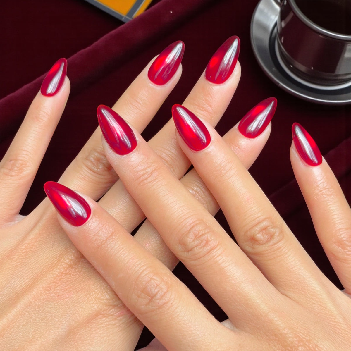 Candy Eyes Red Shimmer Almond Press-On Nails