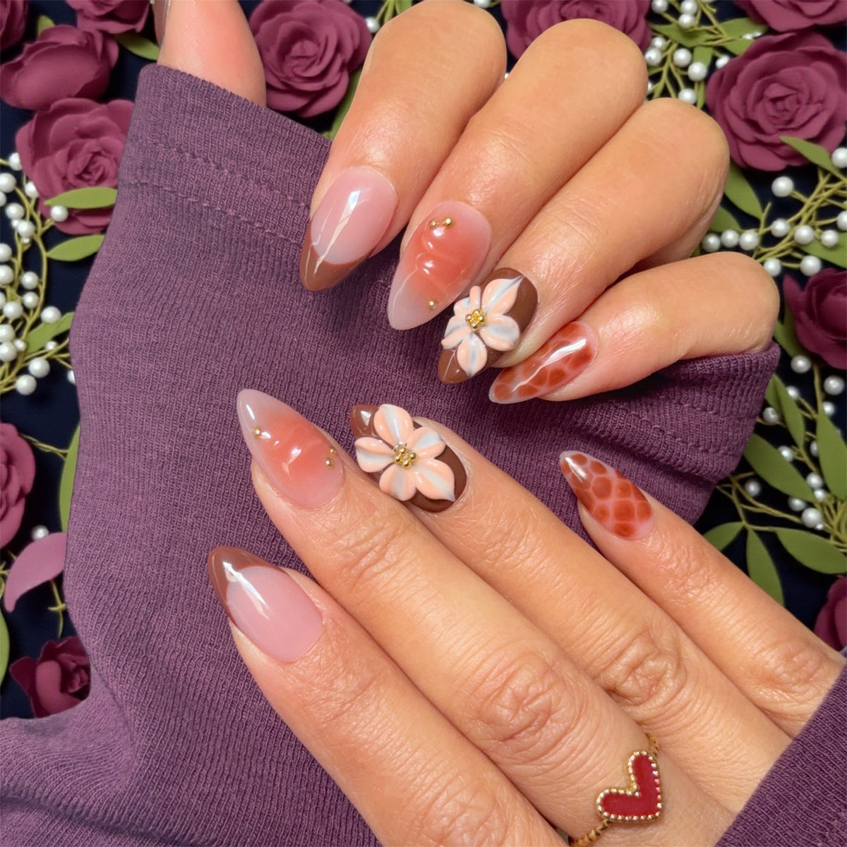 Maple Chocolate Dahlia Brown Floral Almond Press-On Nails
