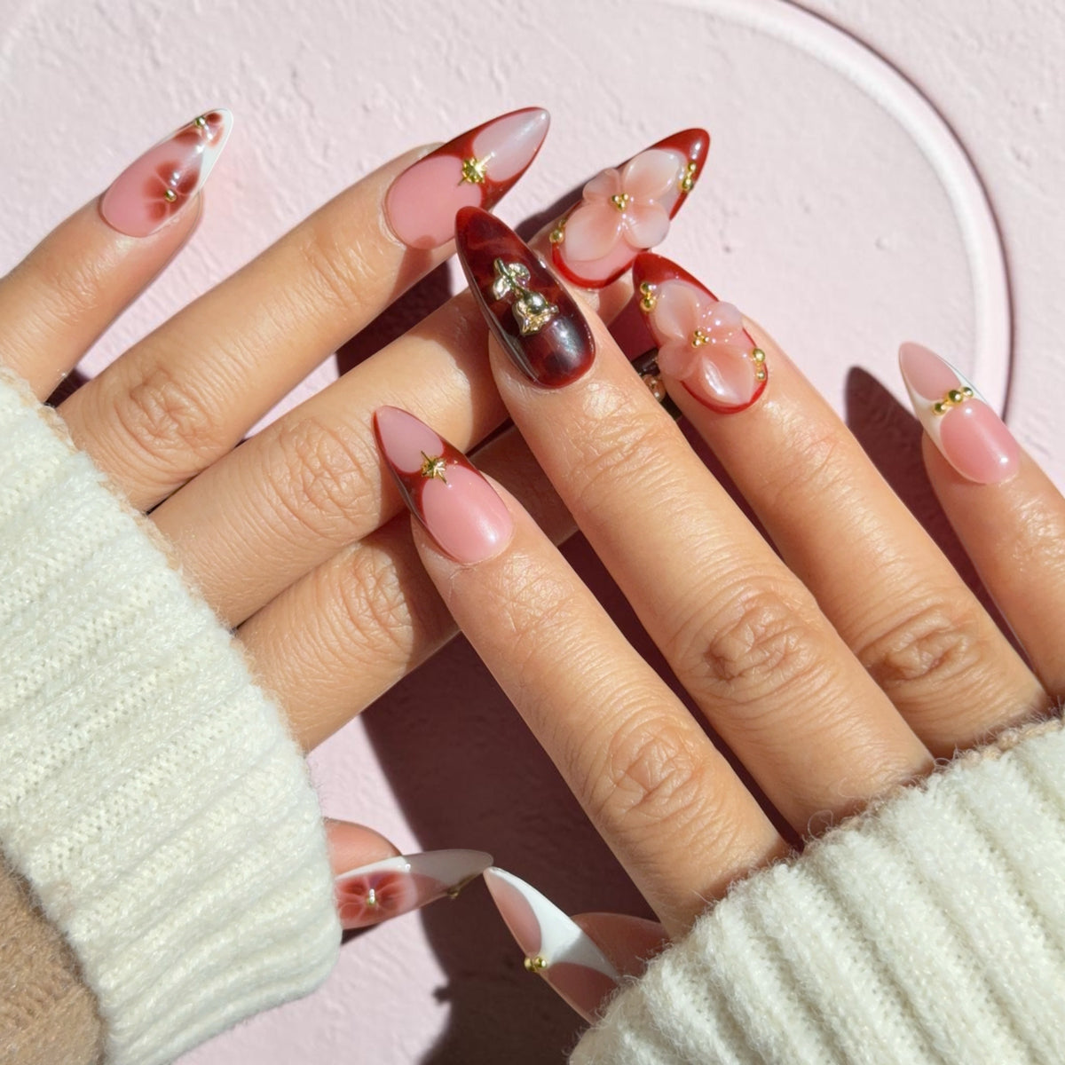 Rosewood Romance Red Floral Almond Press-On Nails