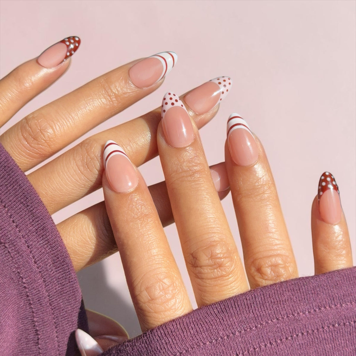 Cocoa Swirl Brown French Tip Almond Press-On Nails
